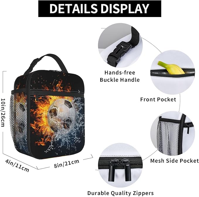 Insulated Durable Football Lunch Box with Shoulder Strap, Kids Adult Fire And Water Soccer School Lunch Bag, Lunch Tote Box Bag for Office School Picnic Beach Travel