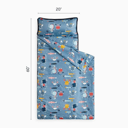 Wake In Cloud - Toddler Nap Mat with Pillow and Blanket, 100% Cotton Fabric, for Kids Boys Girls in Daycare Kindergarten Preschool, Roll Up Sleeping Bag, Blue Sea World, Extra Long