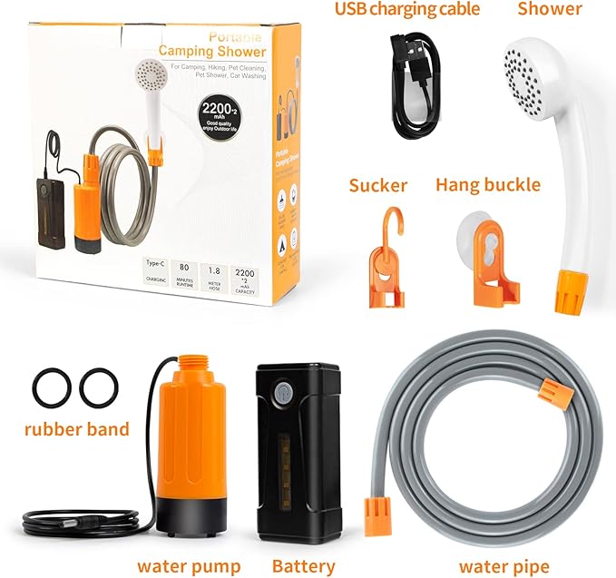 Portable Shower for Camping, Rechargeable Portable Camping Shower, Camp Shower with Double Portable Shower Head and 2 Flow Mode, Camping Shower for Hiking Beach Swimming Outdoor