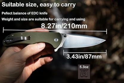FD04 Folding Pocket Knife, D2 Steel Blade G10 Handle and Button Lock EDC Pocket Cool Knife for Men and Women, Camping Hunting Hiking Fishing Knives Tools (Green Drop)
