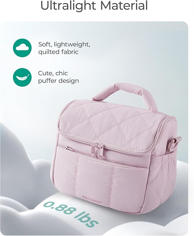 BAGSMART Insulated Lunch Bags for Women, Cute Quilted Lunch Box, Lightweight Puffy Padded Waterproof Lunch Tote, Reusable Lunch Cooler for Work Picnic Travel, Black