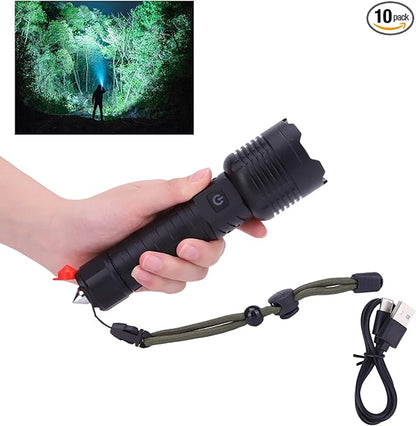 Rechargeable Led Flashlights 10000 Lumens Flashlight 6.7in Handheld Flashlights IP44 Waterproof Zoomable 5 Modes Waterproof Flash Lights for Emergency, Outdoor, Home, Camping, Hiking(Battery Free)