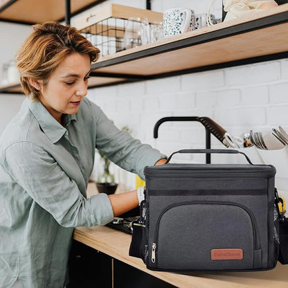 ExtraCharm Insulated Lunch Bag for Women/Men - Reusable Lunch Box for Office Picnic Hiking Beach - Leakproof Cooler Tote Bag Organizer with Adjustable Shoulder Strap for Adults - Black