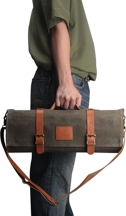 FIREDOG Wessleco Chef Knife Roll Bag (10 Pockets), Waxed Canvas Knife Carrying Case Storage with Handle & Shoulder Strap, Zipper Pouch for Culinary Tools (Knives Not Included)