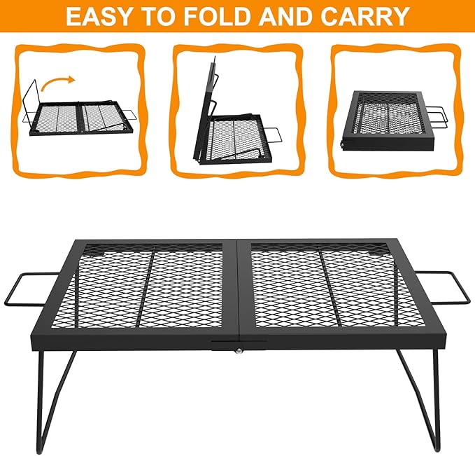 Folding campfire Grill Cooking Racks Campfire Grate Over Fire Pit, Fireplace Cooking Grate Fire grill Grate for Camping, Grill Grate Over the Fire Cooking Equipment Camping Accessories for Outside