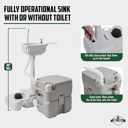 Hike Crew Portable Camping Sink & Toilet | Large Hand Washing Station with 4.5 Gal Capacity, Hands-Free Foot Pump, Faucet, Soap Dispenser & Towel Rack | Includes Travel Toilet with 5 Gal Waste Tank