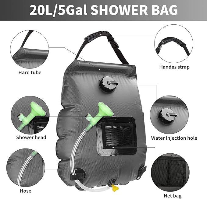 Solar Shower Bag, Solar Heating Camping Shower Bag, 5Gal(20L) Portable Camping Shower Bag, with Removable Hose and On-Off Switchable Shower Head, for Outdoor Traveling/Climbing/Hiking/Beach/Swimming