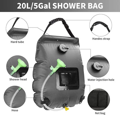 Solar Shower Bag, Solar Heating Camping Shower Bag, 5Gal(20L) Portable Camping Shower Bag, with Removable Hose and On-Off Switchable Shower Head, for Outdoor Traveling/Climbing/Hiking/Beach/Swimming