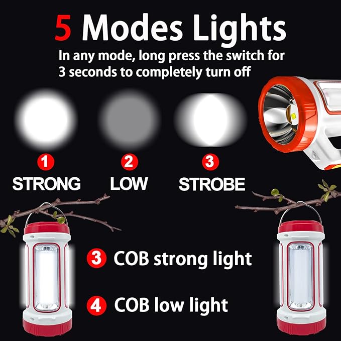 LED Spotlight,Solar USB Rechargeable Spotlight Flashlight with 6 Modes,4000mAh Power Bank，IPX4 Waterproff Lightweight Work Light for Camping Outdoor and Power Outages Emergency（Red）