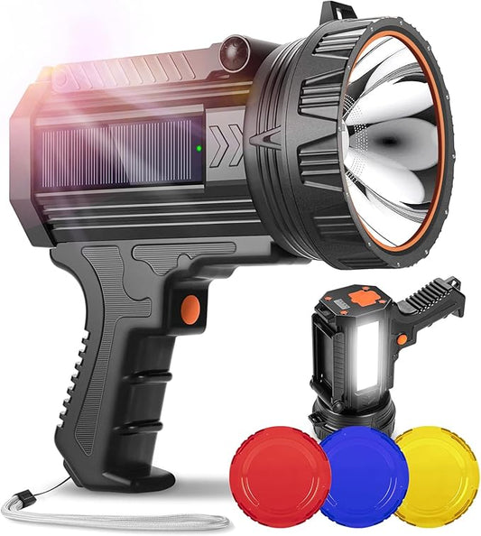 YIERBLUE Rechargeable Spotlight Flashlight with Solar Panels, 1000,000 High Lumen Outdoor Handheld Spot Lights and Flood Light, Foldable Stand and 3 Colors Lenses for Boating Hunting and Camping