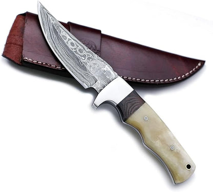 Handmade Damascus Steel Knife for Hunting,Survival,Camping,Bushcraft and Fishing Fixed Blade Dagger with Drop point Full Tang Micarta Handle, Leather Sheath - WKD-791