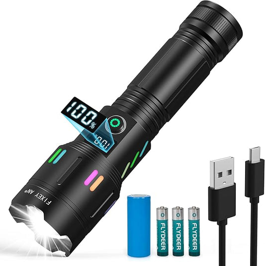 Rechargeable Flashlight, LED 120000 Lumens, Tactical Flashlight with Zoomable, 5 Modes, Power Indicator, IPX7 Waterproof, Super Bright Flashlight for Camping, Hiking, Emergency, Home