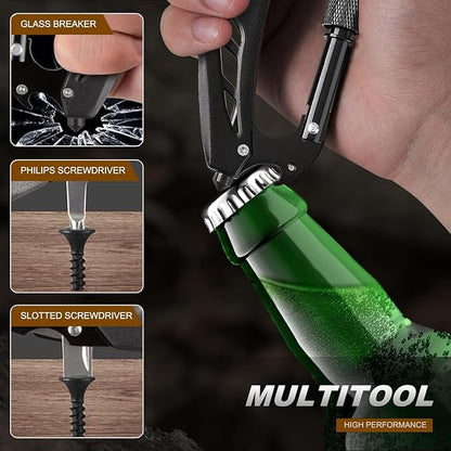 Multitool Carabiner with Pocket Knife for Men, EDC Carabiners Keychain with Folding Knives, Bottle Opener, Window Breaker and Screwdriver, Survival Gear/Gadget for Camping Hiking