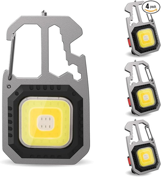 COB Keychain Flashlight 4 Pack - 7 Modes 800 Lumens Multifunctional Portable Mini LED Flashlights Work Light Keychain Emergency Light with Magnetic Base Bottle Opener for Fishing, Camping & Walking