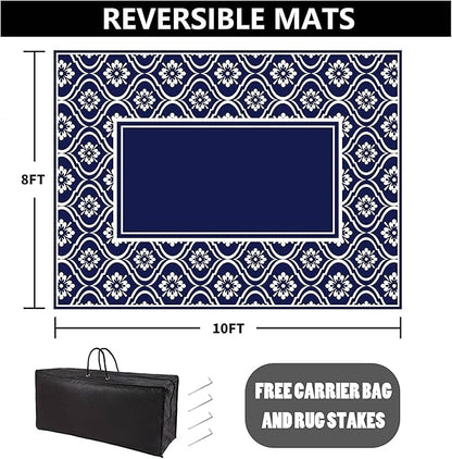 Outdoor Rug 8x10 Patio Waterproof Mat Camping Carpet Blue Outside Area Rug Reversible Rugs for RV Deck Entryance Porch Picnic Balcony Beach