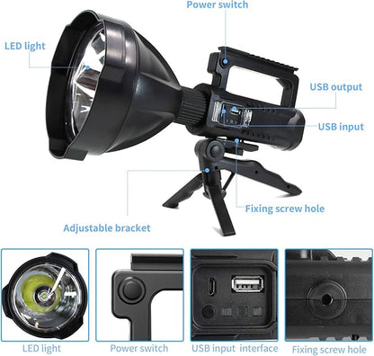 Foleto Rechargeable LED Spotlight Flashlights 120000 High Lumens, Super Bright Flashlight with 4 Modes IPX5 Waterproof, Large Searchlight for Fishing, Hiking and Camping with Tripod(Large)