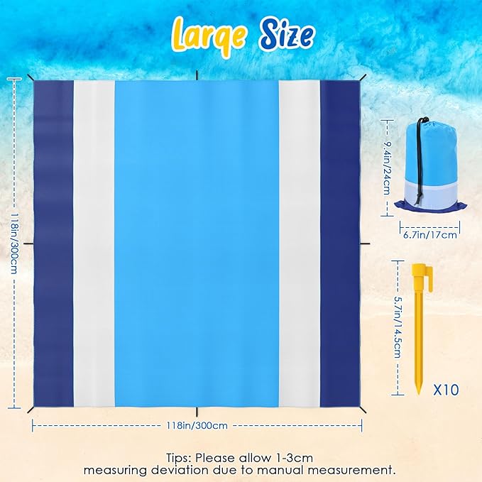 MoKo Sandproof Beach Blanket, Extra Large Beach Mat for Adults with 10 Stakes, Quick Drying Picnic Mat for Beach Travel Camping Hiking