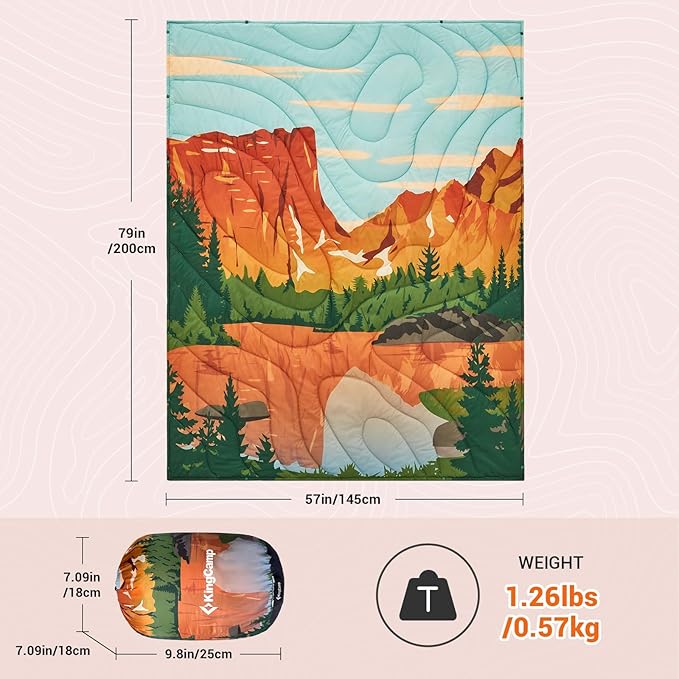 KingCamp Lightweight Camping Blanket - Puffy Printed Warm Camping Quilt with Snap Button - Portable for Travel, Hiking, Stadium, Airplane - 79" x 57" - Orange/Blue