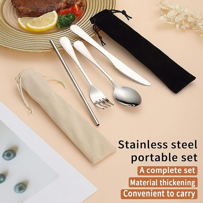 Kyraton Portable Flatware, Reusable Camping Flatware, Bento Box Flatware, Silverware For School/Work/Office/Outdoor, Dishwasher Safe, Set of 2 Packs