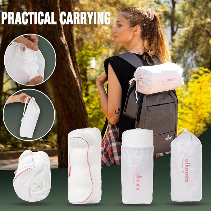 Travel & Camping Comfortable Memory Foam Pillow with Extra Cotton Cover – Easy to Carry Portable Bag