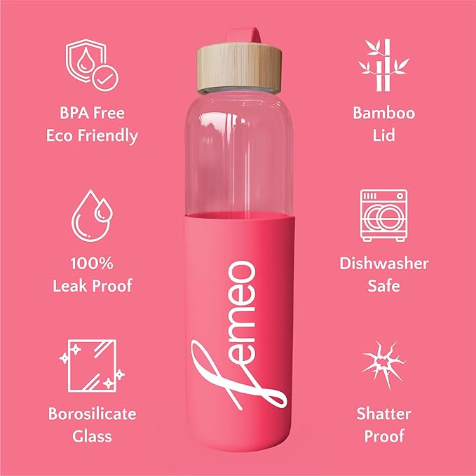 Femeo® Glass Water Bottle for Women | Eco, Yoga & Gym Friendly, 18oz | 100% Leakproof, BPA-Free, Dishwasher Safe, Borosilicate Drinking Glass Bamboo Sports Cap Pink