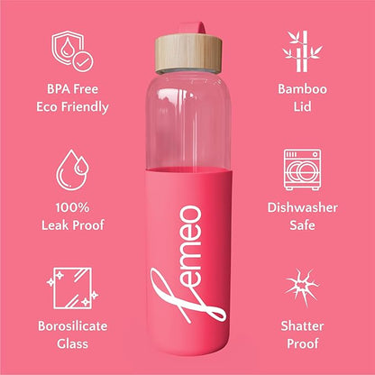 Femeo® Glass Water Bottle for Women | Eco, Yoga & Gym Friendly, 18oz | 100% Leakproof, BPA-Free, Dishwasher Safe, Borosilicate Drinking Glass Bamboo Sports Cap Pink