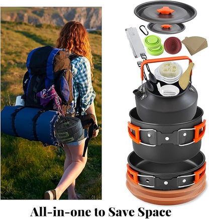 Camping Essentials Cookware Cooking Set, Camping Pots and Pans Set for Backpacking Gear, Car Camping Mess Kit for Camping Stove, Camp Kitchen with Camping Kettle, Pour Over Coffee Dripper
