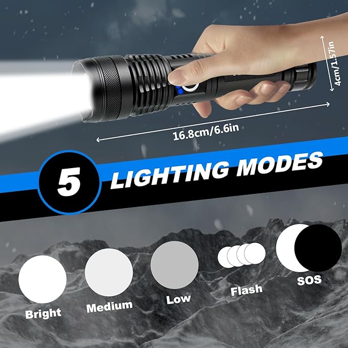Rechargeable LED Flashlight, 5 Lighting Modes, USB Fast Charging, Drop Resistant, Long Battery Life, Waterproof