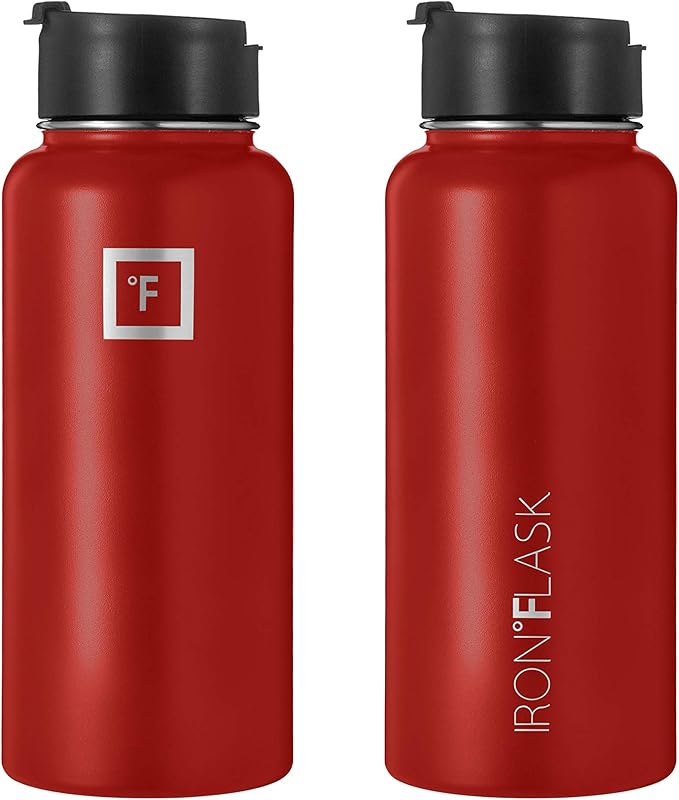 IRON °FLASK Sports Water Bottle - Wide Mouth with 3 Straw Lids - Stainless Steel Gym & Outdoor Bottles for Men, Women & Kids - Double Walled, Insulated Thermos, Metal Canteen - Fire Red, 32 Oz