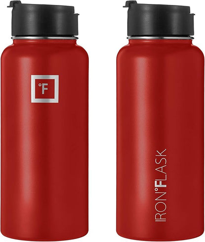 IRON °FLASK Sports Water Bottle - Wide Mouth with 3 Straw Lids - Stainless Steel Gym & Outdoor Bottles for Men, Women & Kids - Double Walled, Insulated Thermos, Metal Canteen - Fire Red, 32 Oz