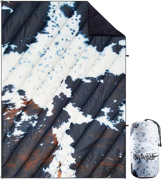 Camping Blanket, Puffy Waterproof Travel Blanket, Warm Cozy Picnic Blanket, for Outdoors, Travel, and Mountain.(Cow, 78" x 56")