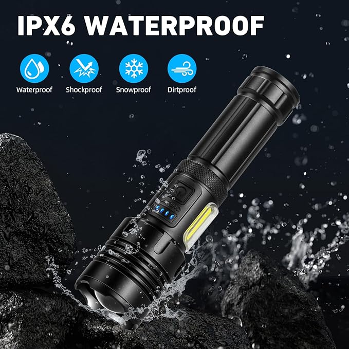 Flashlights High Lumens Rechargeable, 990,000 Lumen LED Super Bright Flashlight with 7 Light Modes, IPX6 Waterproof, Powerful Handheld Flash Light for Home Camping Emergencies (Black)