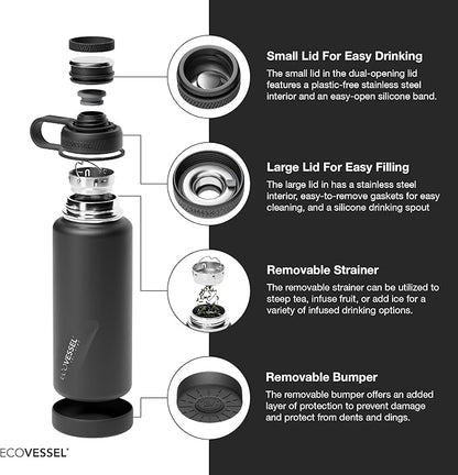 EcoVessel Stainless Steel Water Bottle with Insulated Dual Lid, Insulated Water Bottle with Strainer and Silicone Bottle Bumper, Coffee Mug – 32oz (Deep Sea)