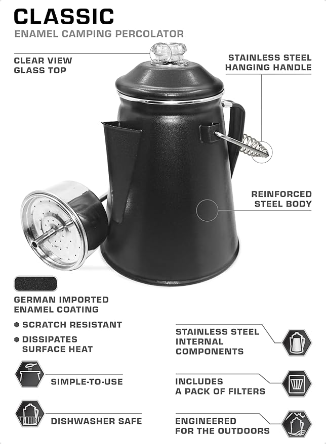 COLETTI Classic Coffee Percolator — Percolator Coffee Pot, Camp Coffee Maker – The Original Camping Coffee Pot, Now Modernized – For Campsite Brewmasters Everywhere [Matte Gray Enamel, 12 Cup]