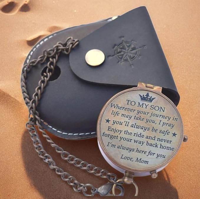Engraved Brass Compass, Antique Nautical Vintage Directional Magnetic Compass, with Famous Scripture Quote, Baptism Gifts with Leather Case