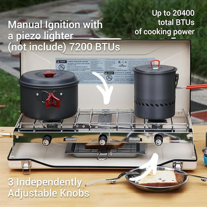 Camping Stove 3 Burner 20400 BTU Propane Portable Stove with Regulator, Toast Tray, Windshield for Car Camping BBQ Picnics Outdoor Cooking Camping Gas Stove