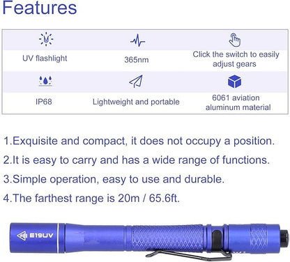 Ultraviolet Blacklight, 365nm Ultraviolet Blacklight LED Handheld UV Flashlight Black Light Penlight E19UV US Type Camping Products