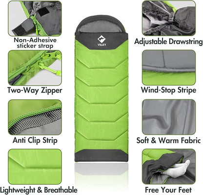 VILLEY Camping Sleeping Bag for Adults Boys and Girls, Lightweight Compact Backpacking Sleeping Bag for Outdoor, Traveling, Hiking