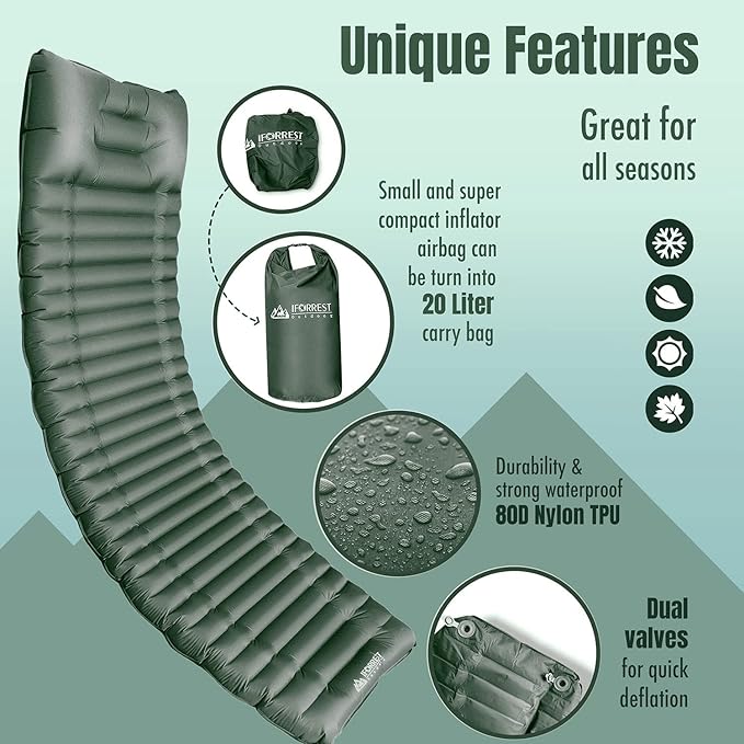 Camping Sleeping Pad w/Armrest & Pillow - 4 Inch Ultra-Thick Side Sleep Friendly - Rollover Protection - Ultralight Backpacking Air Mattress