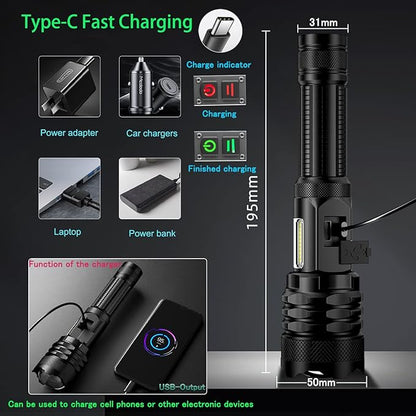 Led Rechargeable Flashlight 100000 High Lumens,Super Bright XHP160 Type-C Fast Charging Flashlights,9 Modes with COB Work Light,Zoomable IPX67 Powerful Flash Light for Emergencies,Hiking,Camping