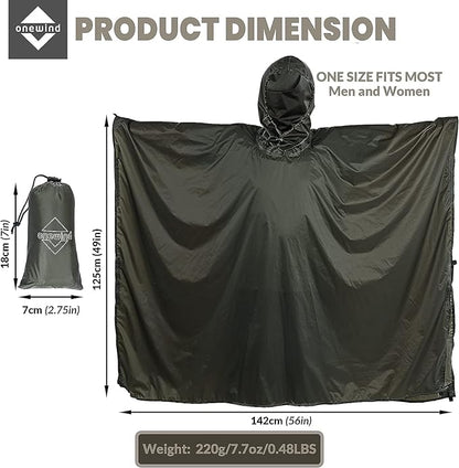 onewind Hooded Rain Poncho, Silnylon Camping Rain Coat Versatile Survival Shelter Lightweight Poncho for Hiking, Backpacking