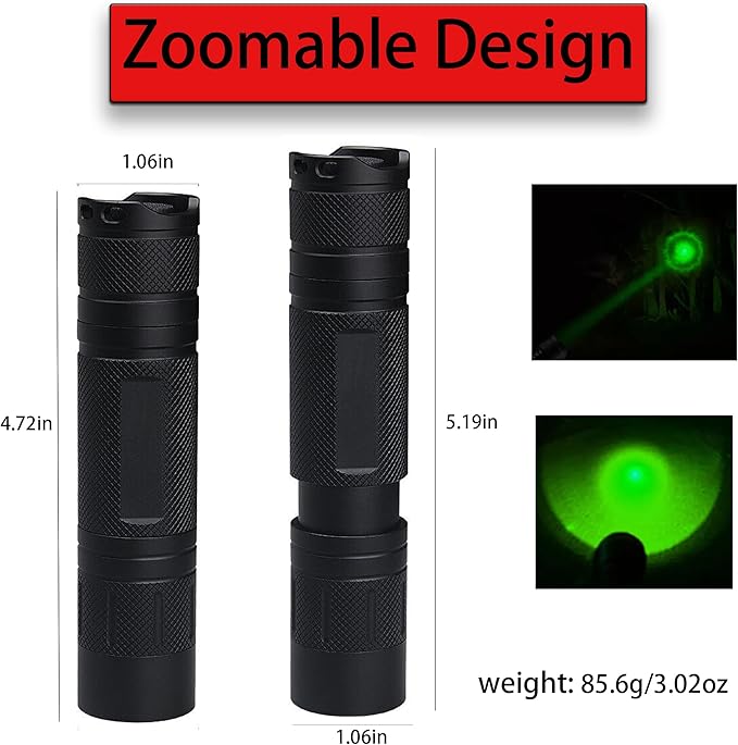 Green Light Flashlight Single Mode Zoomable Green LED Flashlights for Night Hunting, Hog