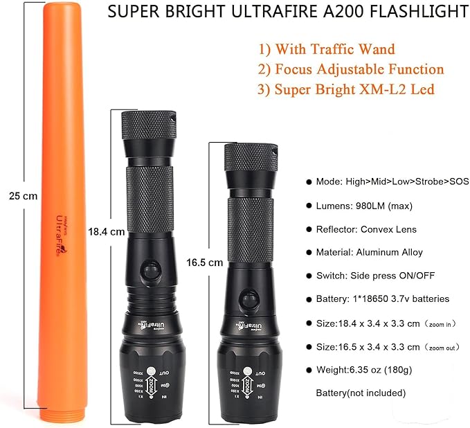 ULTRAFIRE 2PCS 16-Inch Signal Traffic Wand Safty LED Flashlight 980 Lumen, 5 Modes, Red Flashing Mode, Wrist Strap Lanyard, Magnetic Base, Orange Finish, for Kids Outdoor Camping Emergency, A200