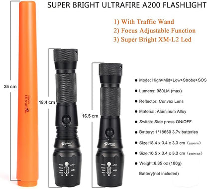 ULTRAFIRE 2PCS 16-Inch Signal Traffic Wand Safty LED Flashlight 980 Lumen, 5 Modes, Red Flashing Mode, Wrist Strap Lanyard, Magnetic Base, Orange Finish, for Kids Outdoor Camping Emergency, A200