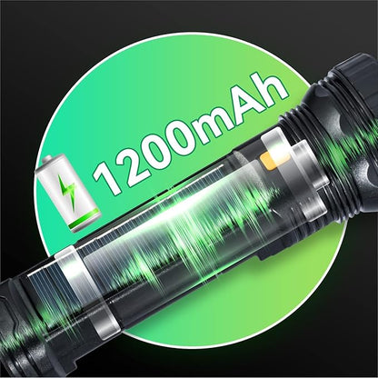 Multifunctional LED Flashlight, Mobile Power Supply for Phone Charging, Long Press to Control Brightness, 1200 lumens, 3 Modes and COB Side Lights, Portable Waterproof Lighting