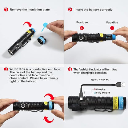 WUBEN C2 Flashlights High Lumens, 2000 Lumens Rechargeable Tactical Flashlights with 7 Modes Flash Light, Pocket LED Flashlight with IP68 Waterproof for Emergencies, Outdoor, Camping