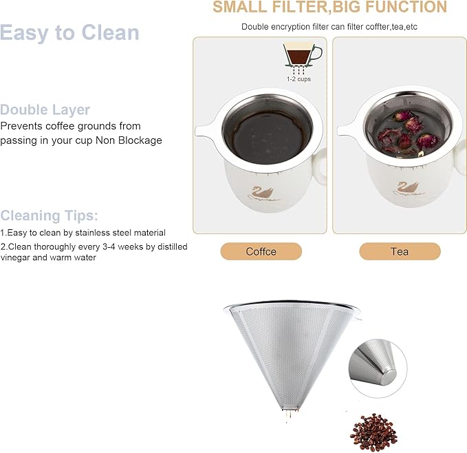Pour Over Coffee Maker,Coffee Filter,Slow Drip Paperless Stainless Steel Cone Coffee Dripper(2-3 Cup)