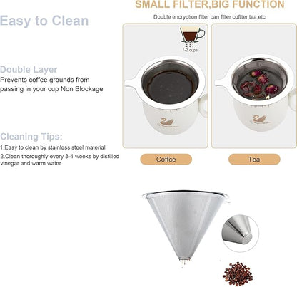 Pour Over Coffee Maker,Coffee Filter,Slow Drip Paperless Stainless Steel Cone Coffee Dripper(2-3 Cup)