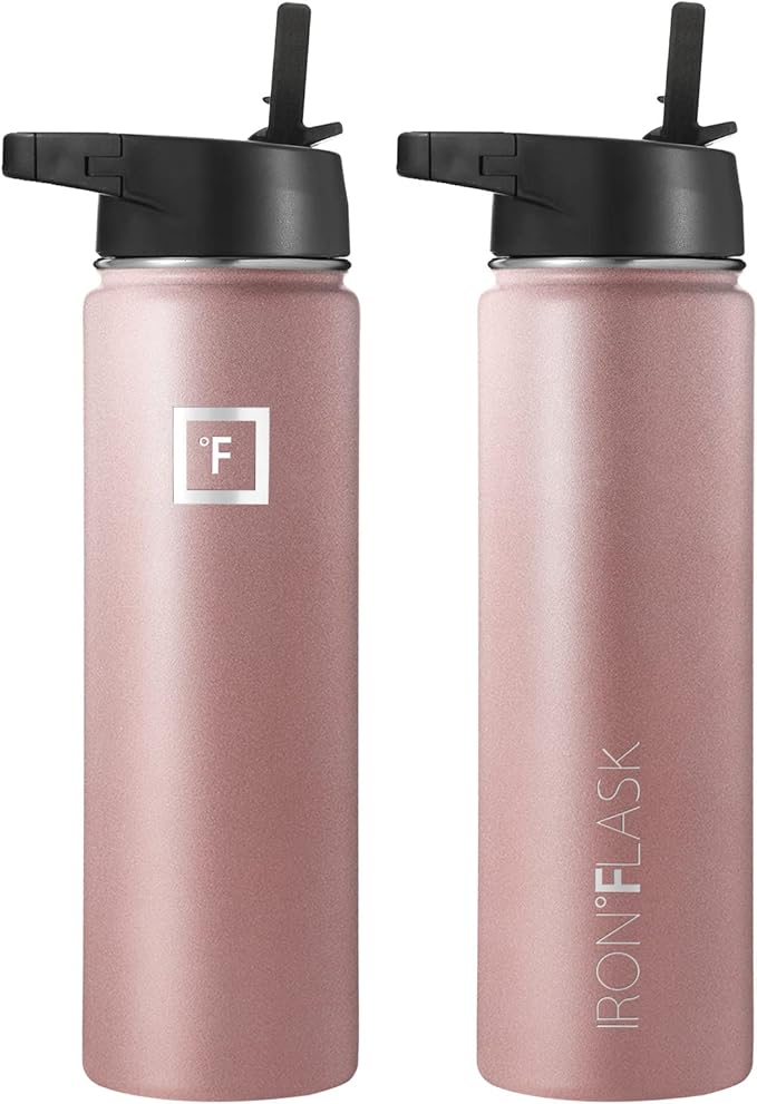IRON °FLASK Camping & Hiking Hydration Flask, Wide Mouth, 3 Straw Lids, Stainless Steel Outdoor Water Bottle, Double Walled, Insulated Thermos, Metal Canteen - Rose Gold, 22 Oz