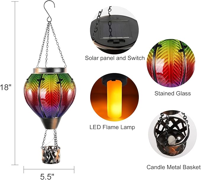 Hot Air Balloon Solar Lantern with Candle Holder Glass Solar Hot Air Balloon Lantern with Flame Solar Hanging Hot Air Balloons Decor for Trees Patio Garden Yard Porch Decor, Multi-Color
